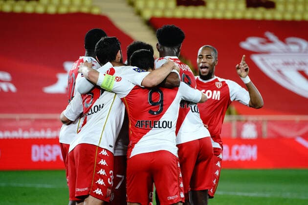 Fußball, AS Monaco - OGC Nizza Joie- Wissam Ben Yedder (AS Monaco) - Kevin Volland (AS Monaco) - Aurelien Tchouameni (AS Monaco) - Djibril Sidibe (AS Monaco) FOOTBALL : AS Monaco vs OGC Nice - Ligue 1 Uber Eats - Monaco - 03 02 2021 NorbertScanella PanoramiC 