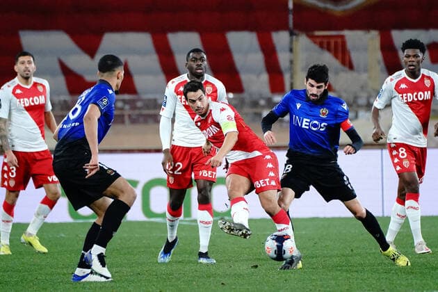 Wissam Ben Yedder (AS Monaco) - Pierre Lees Melou (OGC Nice) FOOTBALL : AS Monaco vs OGC Nice - Ligue 1 Uber Eats - Monaco - 03 02 2021 NorbertScanella PanoramiC 