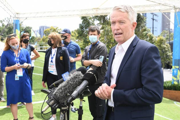 TENNIS VICTORIA CORONAVIRUS COVID19, Tennis Australian CEO Craig Tiley speaks to the media at Melbourne Park in Melbourne, Thursday, February 4, 2021. Australian Open preparations are on hold and all lead in events, The ATP, Tennis Herren Cup and Melbourne Summer Series have been postponed after a hotel worker s positive coronavirus case put health authorities on alert. ( NO ARCHIVING, EDITORIAL USE ONLY, NO USE IN BOOKS WITHOUT CONSENT MELBOURNE VIC AUSTRALIA  Copyright: xDAVExHUNTx 0111903406st