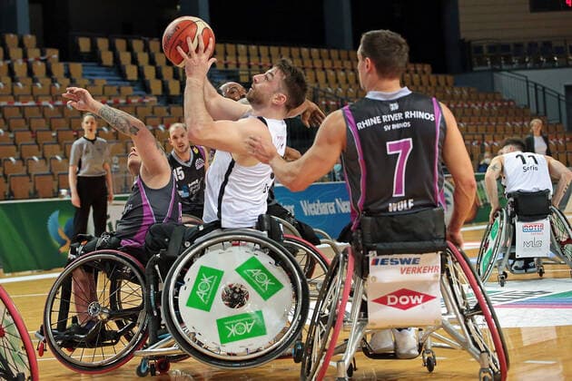 03.02.2021, xovx, Rollstuhlbasketball, 1. Bundesliga, RSV Lahn-Dill - Rhine River Rhinos Wiesbaden v.l. Jim Palmer (Rhine River Rhinos Wiesbaden), Tommie Lee Gray (Rhine River Rhinos Wiesbaden), Simon Brown (RSV Lahn-Dill), Chayse Wolf (Rhine River Rhinos Wiesbaden) Wetzlar Rittal-Arena Hessen Deutschland (DE)