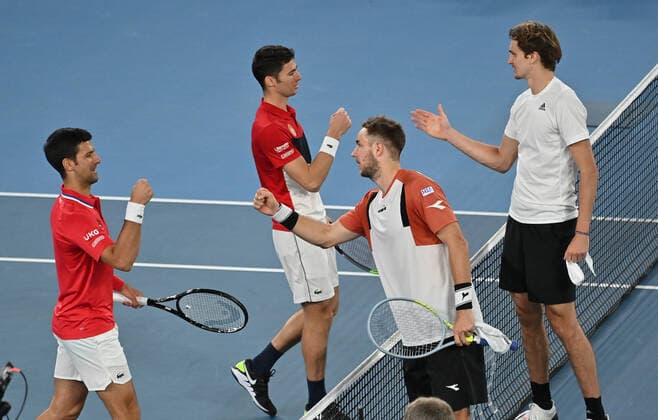 Australian Open 2021 ATP, Tennis Herren Cup Melbourne German Team beats Serbia to qualify for the Semifinal against Russia Jan Lennard Struff, Alexander Zverev , Kevin Krawietz ,Andreas Mies and Team Captain Mischa Zverev Jan-Lennard Struff and Alexander Zverev winning the deciding Doubles