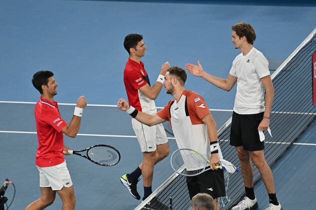 Australian Open 2021 ATP, Tennis Herren Cup Melbourne German Team beats Serbia to qualify for the Semifinal against Russia Jan Lennard Struff, Alexander Zverev , Kevin Krawietz ,Andreas Mies and Team Captain Mischa Zverev Jan-Lennard Struff and Alexander Zverev winning the deciding Doubles