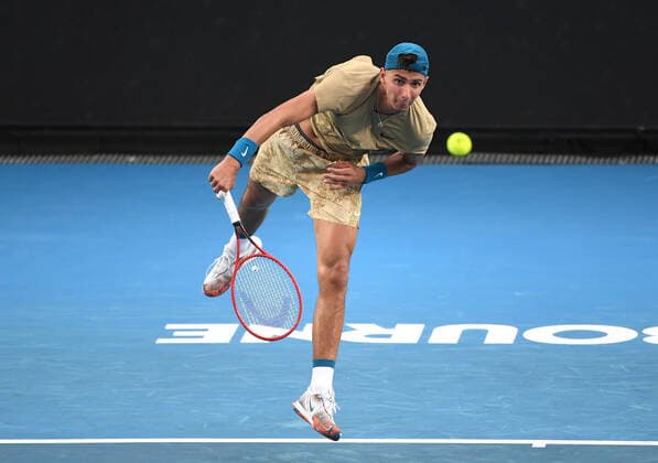 TENNIS MURRAY RIVER OPEN, Alexei Popyrin of Australia is seen during his Murray River Open - ATP, Tennis Herren 250 match against Grigor Dimitrov of Bulgaria at Melbourne Park in Melbourne, Friday, February 5, 2021 ( NO ARCHIVING, EDITORIAL USE ONLY, NO USE IN BOOKS WITHOUT CONSENT MELBOURNE VIC AUSTRALIA  Copyright: xDAVExHUNTx 20210205001518462076