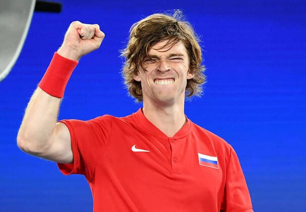 Sport Bilder des Tages TENNIS ATP, Tennis Herren CUP, Andrey Rubley of Russia celebrates following the ATP Cup semi-final against Jan-Lennard Struff of Germany at Melbourne Park in Melbourne, Saturday, February 6, 2021 .( NO ARCHIVING, EDITORIAL USE ONLY, NO USE IN BOOKS WITHOUT CONSENT MELBOURNE VIC AUSTRALIA  Copyright: xDAVExHUNTx 20210206001518617279