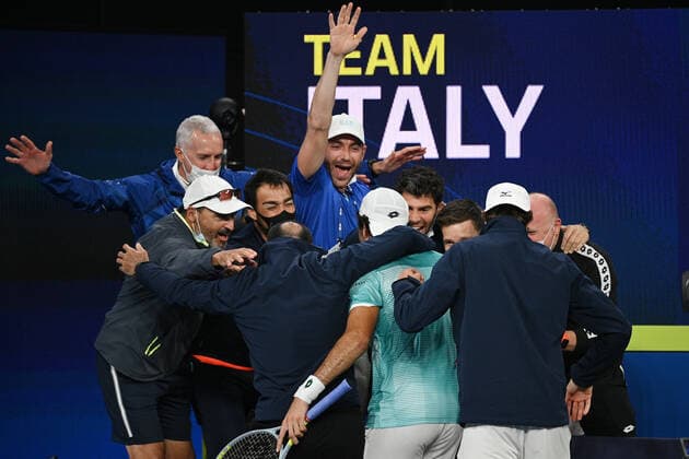 Sport Bilder des Tages TENNIS ATP, Tennis Herren CUP, Team Italy celebrate after Matteo Berrettini defeated Roberto Bautista Agut of Spain during their semi-final of the ATP Cup at Melbourne Park in Melbourne, Saturday, February 6, 2021. ( NO ARCHIVING, EDITORIAL USE ONLY, NO USE IN BOOKS WITHOUT CONSENT MELBOURNE VIC AUSTRALIA  Copyright: xDEANxLEWINSx 20210206001518639930