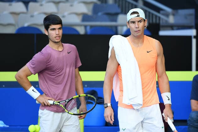 Rafael Nadal (Esp) et Carlos Alcaraz TENNIS : Australian Open 2021 - 06 02 2021 AntoineCouvercelle Panoramic 