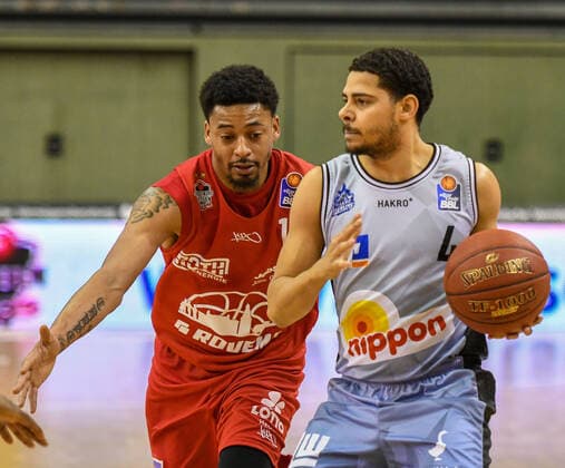 Diante Garrett, Nimrod Hilliard Basketball Bundesliga, Basketball Saison 2020 2021, 16. Spieltag, Deutschland, easyCredit BBL, Germany, Giessen 46ers, giessen rot, Herren, Jobstairs GIESSEN 46ers - Hakro Merlins Crailsheim, Männer, Crailsheim hellblau