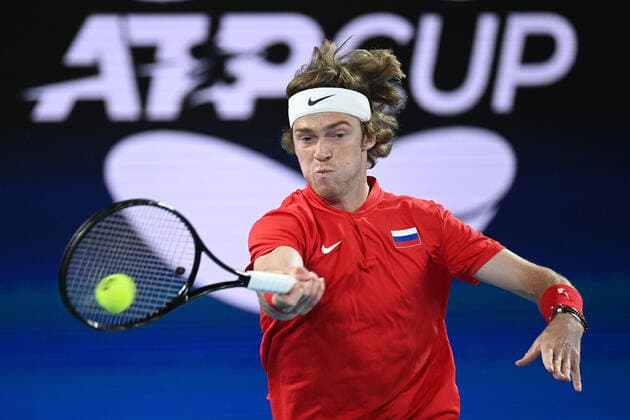 TENNIS ATP, Tennis Herren CUP, Andrey Rublev of Russia in action during the ATP Cup Final against Fabio Fognini of Italy on Rod Laver Arena at Melbourne Park in Melbourne, Sunday, February 7, 2021 .( NO ARCHIVING, EDITORIAL USE ONLY, NO USE IN BOOKS WITHOUT CONSENT MELBOURNE VIC AUSTRALIA  Copyright: xDEANxLEWINSx 20210207001518844715