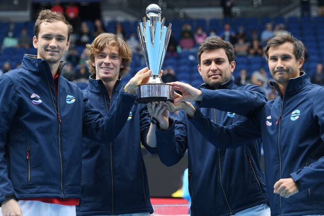 TENNIS ATP, Tennis Herren CUP, Team Russia hold the trophy after winning the ATP Cup final against Team Italy on Rod Laver Arena at Melbourne Park in Melbourne, Sunday, February 7, 2021. ( NO ARCHIVING, EDITORIAL USE ONLY, NO USE IN BOOKS WITHOUT CONSENT MELBOURNE VIC AUSTRALIA  Copyright: xDEANxLEWINSx 20210207001518871444
