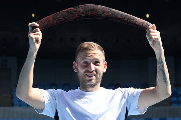 Sport Bilder des Tages TENNIS MURRAY RIVER OPEN, Daniel Evans of Great Britain holds up his trophy, an aboriginal boomerang after defeating Felix Auger-Aliassime of Canada in the final of the Murray River Open - ATP, Tennis Herren 250 on Margaret Court Arena at Melbourne Park in Melbourne, Sunday, February 7, 2021. ( NO ARCHIVING, EDITORIAL USE ONLY, NO USE IN BOOKS WITHOUT CONSENT MELBOURNE VIC AUSTRALIA  Copyright: xDEANxLEWINSx 20210207001518878898