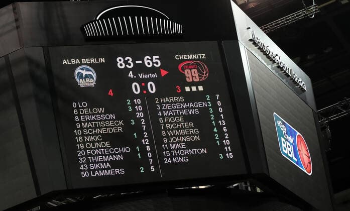erste Begegnung gegeneinander endet 83:65 Anzeigetafel mit Endergebnis Basketball BBL Bundesliga Herren Saison 2020 2021 07.02.2021 ALBA Berlin vs. Niners Chemnitz