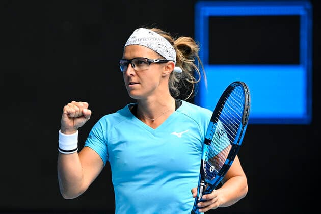 TENNIS AUSTRALIAN OPEN, Kirsten Flipkens of Belgium reacts during her first Round Women s singles match against Venus Williams of the United States of America on Day 1 of the Australian Open at Melbourne Park in Melbourne, Monday, February 8, 2021. ( NO ARCHIVING, EDITORIAL USE ONLY, NO USE IN BOOKS WITHOUT CONSENT MELBOURNE VIC AUSTRALIA  Copyright: xDEANxLEWINSx 20210208001519087933
