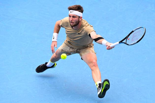 TENNIS AUSTRALIAN OPEN, Corentin Moutet of France in action during his first Round Men s singles match against John Millman of Australia on Day 1 of the Australian Open at Melbourne Park in Melbourne, Monday, February 8, 2021. ( NO ARCHIVING, EDITORIAL USE ONLY, NO USE IN BOOKS WITHOUT CONSENT MELBOURNE VIC AUSTRALIA  Copyright: xDEANxLEWINSx 20210208001519105861