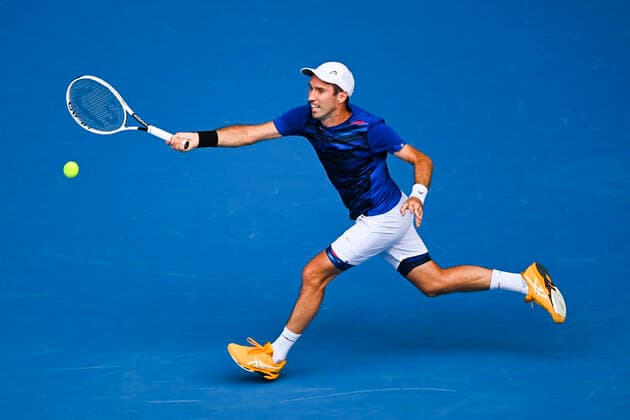 TENNIS AUSTRALIAN OPEN, Mikhail Kukushkin of Kazakhstan in action during his first Round Men s singles match against Dominic Thiem of Austria on Day 1 of the Australian Open at Melbourne Park in Melbourne, Monday, February 8, 2021. ( NO ARCHIVING, EDITORIAL USE ONLY, NO USE IN BOOKS WITHOUT CONSENT MELBOURNE VIC AUSTRALIA  Copyright: xDAVExHUNTx 20210208001519129856
