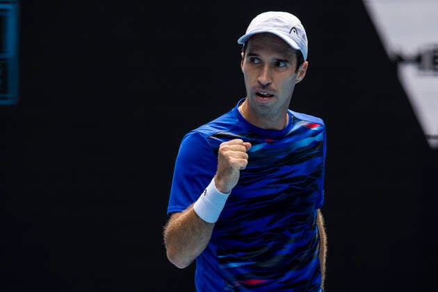 MELBOURNE, VIC - FEBRUARY 08: Mikhail Kukushkin of Kazakhstan returns the ball during round 1 of the 2021 Australian Open on February 8 2020, at Melbourne Park in Melbourne, Australia. (Photo by Jason Heidrich Icon Sportswire) TENNIS: FEB 08 Australian Open Icon2102080901