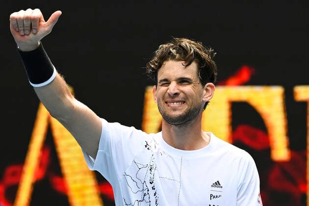 TENNIS AUSTRALIAN OPEN, Dominic Thiem of Austria celebrates after winning his first Round Men s singles match against Mikhail Kukushkin of Kazakhstan on Day 1 of the Australian Open at Melbourne Park in Melbourne, Monday, February 8, 2021. ( NO ARCHIVING, EDITORIAL USE ONLY, NO USE IN BOOKS WITHOUT CONSENT MELBOURNE VIC AUSTRALIA  Copyright: xDAVExHUNTx 20210208001519130843