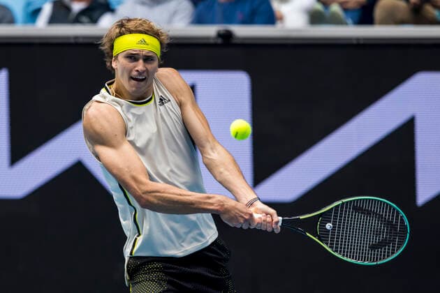 MELBOURNE, VIC - FEBRUARY 08: Alexander Zverev of Germany returns the ball during round 1 of the 2021 Australian Open on February 8 2020, at Melbourne Park in Melbourne, Australia. (Photo by Jason Heidrich Icon Sportswire) TENNIS: FEB 08 Australian Open Icon2102081621