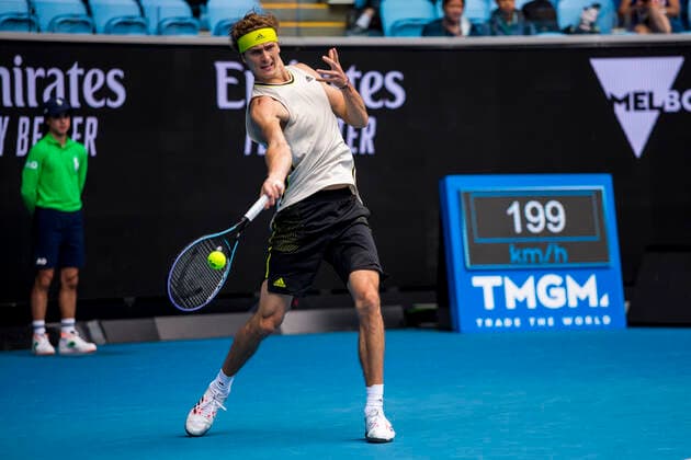 MELBOURNE, VIC - FEBRUARY 08: Alexander Zverev of Germany returns the ball during round 1 of the 2021 Australian Open on February 8 2020, at Melbourne Park in Melbourne, Australia. (Photo by Jason Heidrich Icon Sportswire) TENNIS: FEB 08 Australian Open Icon2102081701