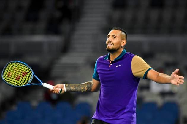 TENNIS AUSTRALIAN OPEN, Nick Kyrgios of Australia reacts after playing a ?tweener? between the legs shot during his first Round Men s singles match against Federico Ferreira Silva of Portugal on Day 1 of the Australian Open at Melbourne Park in Melbourne, Monday, February 8, 2021. ( NO ARCHIVING, EDITORIAL USE ONLY, NO USE IN BOOKS WITHOUT CONSENT MELBOURNE VIC AUSTRALIA  Copyright: xDEANxLEWINSx 20210208001519173773