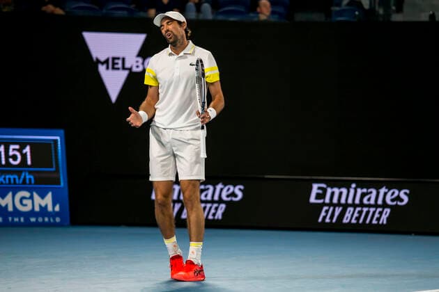 MELBOURNE, VIC - FEBRUARY 08: Jeremy Chardy of France shows his frustration during round 1 of the 2021 Australian Open on February 8 2020, at Melbourne Park in Melbourne, Australia. (Photo by Jason Heidrich Icon Sportswire) TENNIS: FEB 08 Australian Open Icon2102082601
