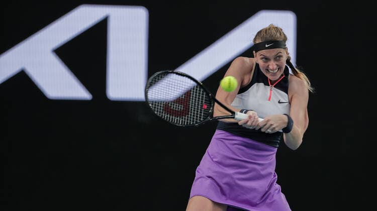 (210208) -- MELBOURNE, Feb. 8, 2021 -- Petra Kvitova of the Czech Republic returns a shot during the women s singles first round match against Greet Minnen of Belgium at the Australian Open tennis championship in Melbourne, Australia, Feb. 8, 2021. (Photo by Hu Jingchen Xinhua) (SP)AUSTRALIA-MELBOURNE-TENNIS-AUSTRALIAN OPEN-DAY 1 BaixXuefeihujingchen 