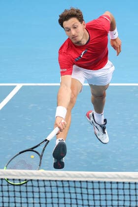 February 8, 2021: 15th seed Pablo CARRENO BUSTA of Spain in action against Kei NISHIKORI of Japan in a quarter final match of the ATP, Tennis Herren Cup on Rod Laver Arena, in Melbourne, Australia. Cal Media. Melbourne Australia - ZUMAc04_ 20210208_zaf_c04_017 Copyright: xSydneyxLowx