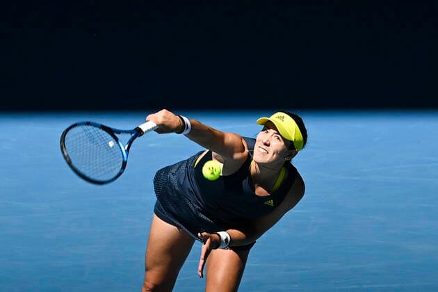 TENNIS AUSTRALIAN OPEN, Garbine Muguruza of Spain in action during her first Round Women s singles match against Margarita Gasparyan of Russia on Day 2 of the Australian Open at Melbourne Park in Melbourne, Tuesday, February 9, 2021. ( NO ARCHIVING, EDITORIAL USE ONLY, NO USE IN BOOKS WITHOUT CONSENT MELBOURNE VIC AUSTRALIA  Copyright: xDAVExHUNTx 20210209001519309035