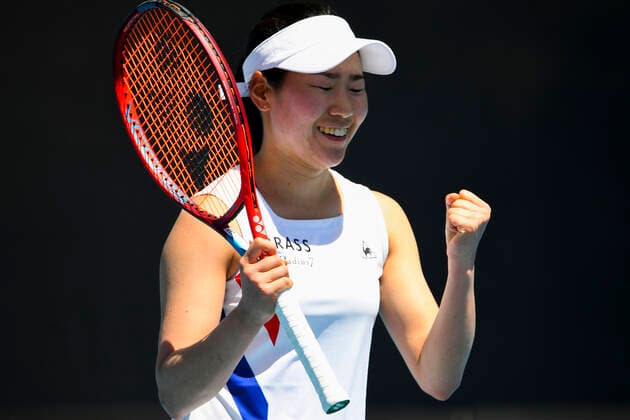 TENNIS AUSTRALIAN OPEN, Nao Hibino of Japan celebrates after winning her first Round Women s singles match against Astra Sharma of Australia on Day 2 of the Australian Open at Melbourne Park in Melbourne, Tuesday, February 9, 2021. ( NO ARCHIVING, EDITORIAL USE ONLY, NO USE IN BOOKS WITHOUT CONSENT MELBOURNE VIC AUSTRALIA  Copyright: xJAMESxROSSx 20210209001519313289