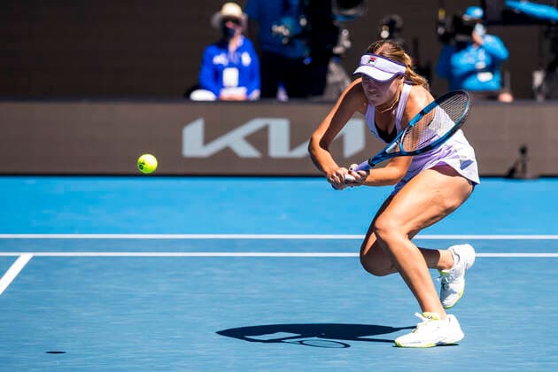 MELBOURNE, VIC - FEBRUARY 09: Sofia Kenin of the United States of America returns the ball during round 1 of the 2021 Australian Open on February 9 2020, at Melbourne Park in Melbourne, Australia. (Photo by Jason Heidrich Icon Sportswire) TENNIS: FEB 09 Australian Open Icon2102090112