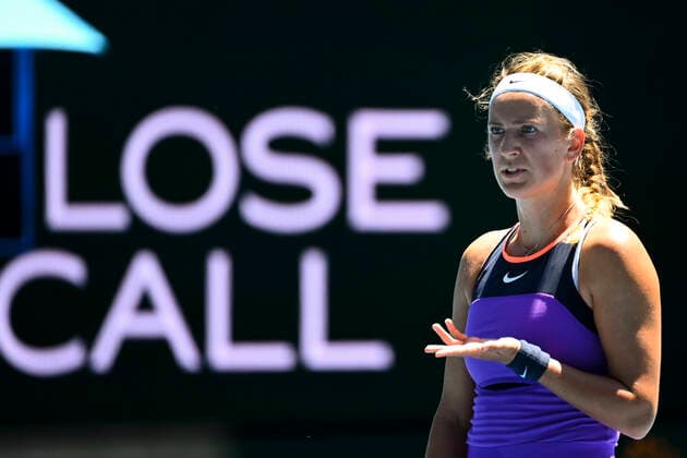 TENNIS AUSTRALIAN OPEN, Victoria Azarenka of Belarus reacts during her first Round Women s singles match against Jessica Pegula of the United States of America on Day 2 of the Australian Open at Melbourne Park in Melbourne, Tuesday, February 9, 2021. ( NO ARCHIVING, EDITORIAL USE ONLY, NO USE IN BOOKS WITHOUT CONSENT MELBOURNE VIC AUSTRALIA  Copyright: xDAVExHUNTx 20210209001519319458