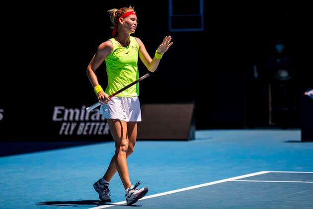 MELBOURNE, VIC - FEBRUARY 09: Marie Bouzkova of the Czech Republic acknowledges her opponent after a lucky break during a game during round 1 of the 2021 Australian Open on February 9 2020, at Melbourne Park in Melbourne, Australia. (Photo by Jason Heidrich Icon Sportswire) TENNIS: FEB 09 Australian Open Icon2102090562