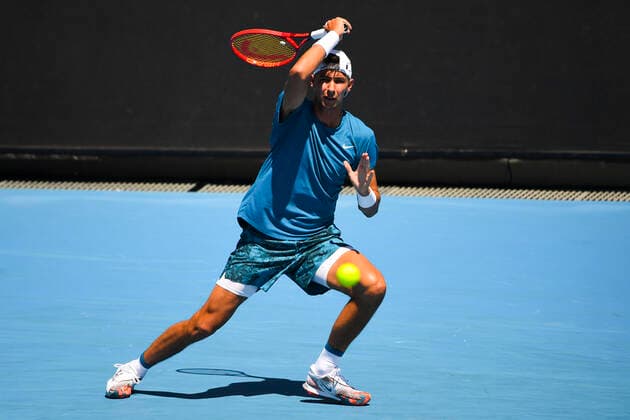 TENNIS AUSTRALIAN OPEN, Alexei Popyrin of Australia in action during his first Round Men s singles match against David Goffin of Belgium on Day 2 of the Australian Open at Melbourne Park in Melbourne, Tuesday, February 9, 2021. ( NO ARCHIVING, EDITORIAL USE ONLY, NO USE IN BOOKS WITHOUT CONSENT MELBOURNE VIC AUSTRALIA  Copyright: xJAMESxROSSx 20210209001519329594