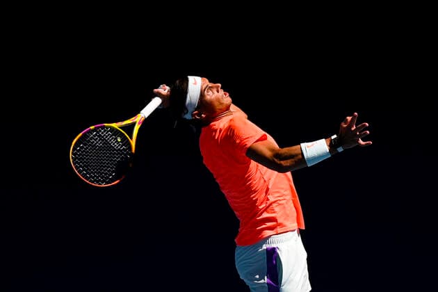 TENNIS AUSTRALIAN OPEN, Rafael Nadal of Spain in action during his first Round Men s singles match against Laslo Djere of Serbia on Day 2 of the Australian Open at Melbourne Park in Melbourne, Tuesday, February 9, 2021. ( NO ARCHIVING, EDITORIAL USE ONLY, NO USE IN BOOKS WITHOUT CONSENT MELBOURNE VIC AUSTRALIA  Copyright: xDEANxLEWINSx 20210209001519331963