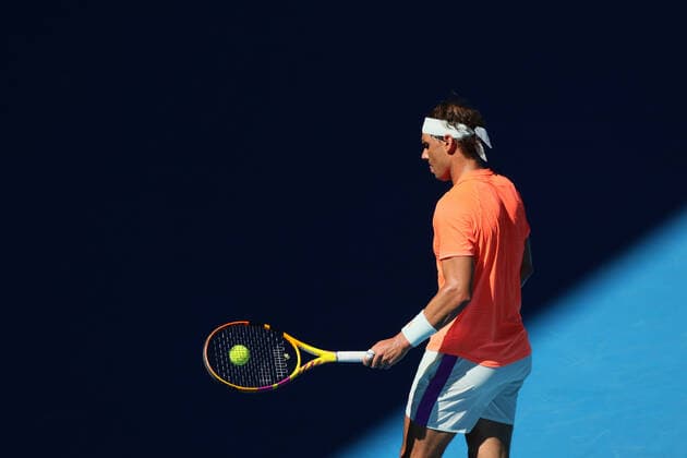 February 9, 2021: 2nd seed Rafael NADAL of Spain prepares to serve against Laslo DJERE of Serbia in a 1st round match of the 2021 Australian Open on Rod Laver Arena, in Melbourne, Australia. Cal Media. Melbourne Australia - ZUMAc04_ 20210209_zaf_c04_010 Copyright: xSydneyxLowx