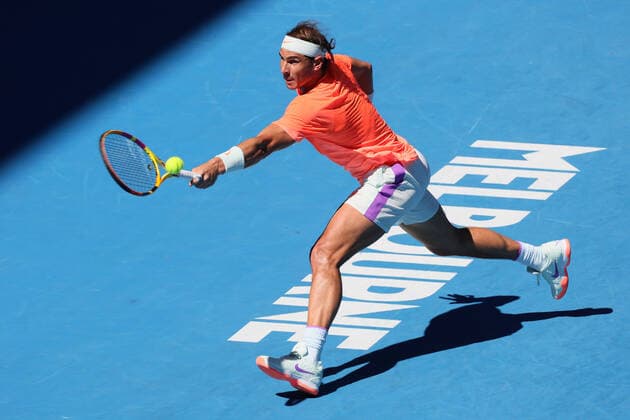 February 9, 2021: 2nd seed Rafael NADAL of Spain in action against Laslo DJERE of Serbia in a 1st round match of the 2021 Australian Open on Rod Laver Arena, in Melbourne, Australia. Cal Media. Melbourne Australia - ZUMAc04_ 20210209_zaf_c04_029 Copyright: xSydneyxLowx
