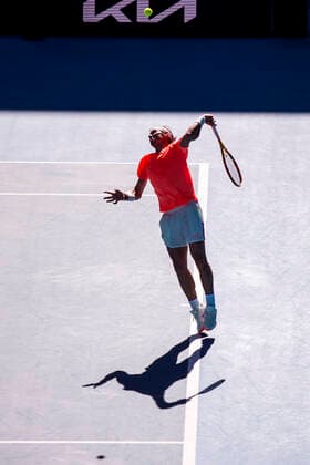 MELBOURNE, VIC - FEBRUARY 09: Rafael Nadal of Spain serves the ball during round 1 of the 2021 Australian Open on February 9 2020, at Melbourne Park in Melbourne, Australia. (Photo by Jason Heidrich Icon Sportswire) TENNIS: FEB 09 Australian Open Icon2102091582
