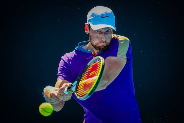 Quentin Halys ATP, Tennis Herren 207) pictured in action during a tennis match between Spanish Andujar and French Halys, in the first round of the men s singles competition of the Australian Open tennis Grand Slam, Tuesday 09 February 2021 in Melbourne Park, Melbourne, Australia. The 2021 edition of the Australian Grand Slam has been delayed by three weeks because of the pandemic. PATRICKxHAMILTON  x2640623x