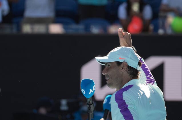 (210209) -- MELBOURNE, Feb. 9, 2021 -- Rafael Nadal of Spain celebrates after winning the men s singles first round match between Rafael Nadal of Spain and Laslo Djere of Serbia at the Australian Open in Melbourne Park, Melbourne, Australia on Feb. 9, 2021. (Photo by Xinhua) (SP)AUSTRALIA-MELBOURNE-TENNIS-AUSTRALIAN OPEN-DAY 2 HuxJingChen 