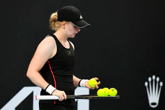 TENNIS AUSTRALIAN OPEN, Francesca Jones of the United Kingdom reacts during her first Round Women s singles match against Shelby Rogers of the United States of America on Day 2 of the Australian Open at Melbourne Park in Melbourne, Tuesday, February 9, 2021. ( NO ARCHIVING, EDITORIAL USE ONLY, NO USE IN BOOKS WITHOUT CONSENT MELBOURNE VIC AUSTRALIA  Copyright: xDAVExHUNTx 20210209001519365577