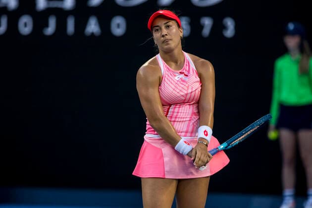 MELBOURNE, VIC - FEBRUARY 09: Danka Kovinic of Montenegro shows her frustration after losing a game during round 1 of the 2021 Australian Open on February 9 2020, at Melbourne Park in Melbourne, Australia. (Photo by Jason Heidrich Icon Sportswire) TENNIS: FEB 09 Australian Open Icon2102091732