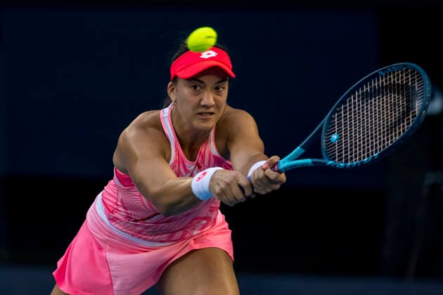 MELBOURNE, VIC - FEBRUARY 09: Danka Kovinic of Montenegro returns the ball during round 1 of the 2021 Australian Open on February 9 2020, at Melbourne Park in Melbourne, Australia. (Photo by Jason Heidrich Icon Sportswire) TENNIS: FEB 09 Australian Open Icon2102091742