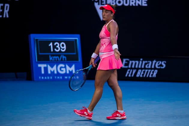 MELBOURNE, VIC - FEBRUARY 09: Danka Kovinic of Montenegro shows her frustration after losing a game during round 1 of the 2021 Australian Open on February 9 2020, at Melbourne Park in Melbourne, Australia. (Photo by Jason Heidrich Icon Sportswire) TENNIS: FEB 09 Australian Open Icon2102091792
