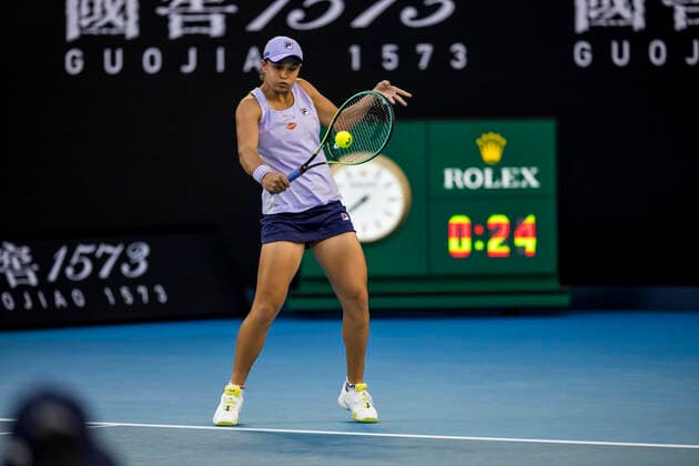 MELBOURNE, VIC - FEBRUARY 09: Ashleigh Barty of Australia returns the ball during round 1 of the 2021 Australian Open on February 9 2020, at Melbourne Park in Melbourne, Australia. (Photo by Jason Heidrich Icon Sportswire) TENNIS: FEB 09 Australian Open Icon2102091812