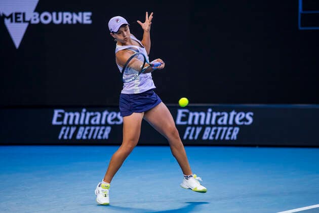 MELBOURNE, VIC - FEBRUARY 09: Ashleigh Barty of Australia returns the ball during round 1 of the 2021 Australian Open on February 9 2020, at Melbourne Park in Melbourne, Australia. (Photo by Jason Heidrich Icon Sportswire) TENNIS: FEB 09 Australian Open Icon2102091982