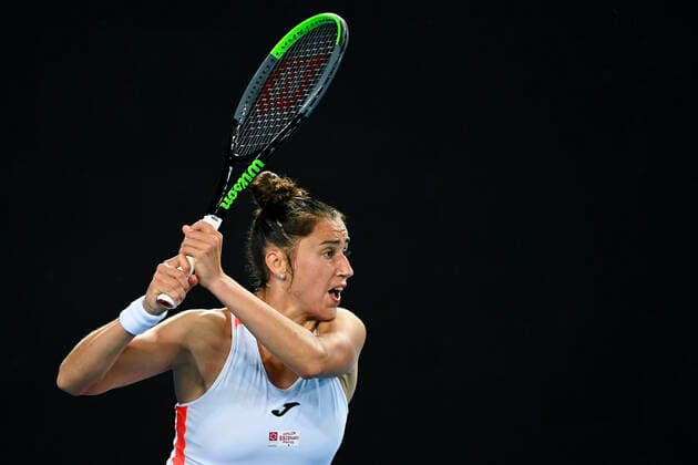 TENNIS AUSTRALIAN OPEN, Sara Sorribes Tormo of Spain in action during her first Round Women s singles match against Daria Gavrilova of Australia on Day 2 of the Australian Open at Melbourne Park in Melbourne, Tuesday, February 9, 2021. ( NO ARCHIVING, EDITORIAL USE ONLY, NO USE IN BOOKS WITHOUT CONSENT MELBOURNE VIC AUSTRALIA  Copyright: xDAVExHUNTx 20210209001519380090
