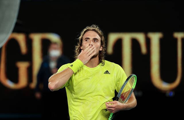 (210209) -- MELBOURNE, Feb. 9, 2021 -- Stefanos Tsitsipas of Greece celebrates after winning the men s singles first round match against Gilles Simon of France at Australian Open in Melbourne Park, in Melbourne, Australia, on Feb. 9, 2021. Bai Xuefei) (SP)AUSTRALIA-MELBOURNE-TENNIS-AUSTRALIAN OPEN-DAY 2 BaixXuefeihujingchen 