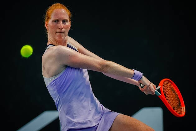 Alison Van Uytvanck WTA, Tennis Damen 67) pictured in action during a tennis match between Belgian Van Uytvanck and French Burel, in the first round of the women s singles competition of the Australian Open tennis Grand Slam, Tuesday 09 February 2021 in Melbourne Park, Melbourne, Australia. The 2021 edition of the Australian Grand Slam has been delayed by three weeks because of the pandemic. PATRICKxHAMILTON  x2640674x