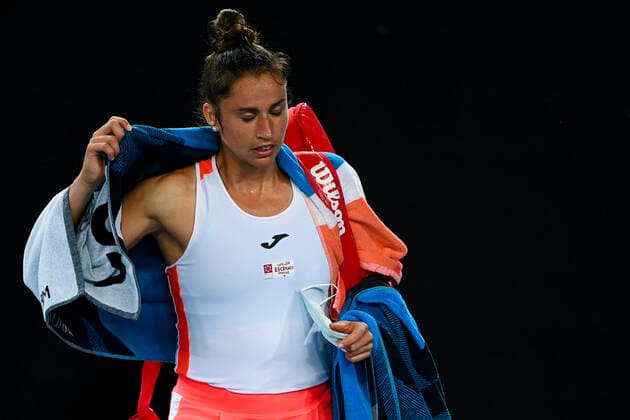 TENNIS AUSTRALIAN OPEN, Sara Sorribes Tormo of Spain reacts after loosing her first Round Women s singles match against Daria Gavrilova of Australia on Day 2 of the Australian Open at Melbourne Park in Melbourne, Tuesday, February 9, 2021. ( NO ARCHIVING, EDITORIAL USE ONLY, NO USE IN BOOKS WITHOUT CONSENT MELBOURNE VIC AUSTRALIA  Copyright: xDAVExHUNTx 20210209001519382468