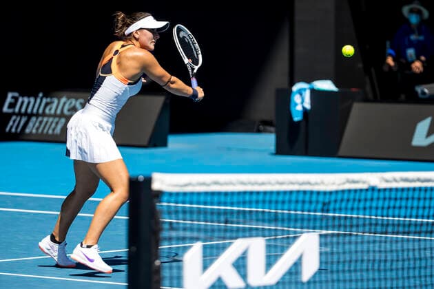 MELBOURNE, VIC - FEBRUARY 10: Bianca Andreescu of Canada returns the ball during round 2 of the 2021 Australian Open on February 10 2020, at Melbourne Park in Melbourne, Australia. (Photo by Jason Heidrich Icon Sportswire) TENNIS: FEB 10 Australian Open Icon2102100063