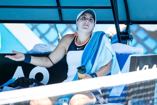 MELBOURNE, VIC - FEBRUARY 10: Bianca Andreescu of Canada talks to the umpire between sets during round 2 of the 2021 Australian Open on February 10 2020, at Melbourne Park in Melbourne, Australia. (Photo by Jason Heidrich Icon Sportswire) TENNIS: FEB 10 Australian Open Icon2102100203